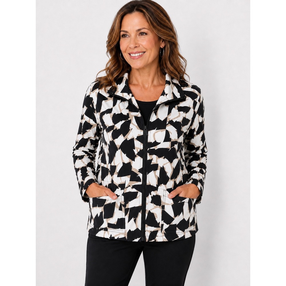 Chico's Zenergy Size 2 Abstract Print Full Zip Jacket Black White Beige Casual